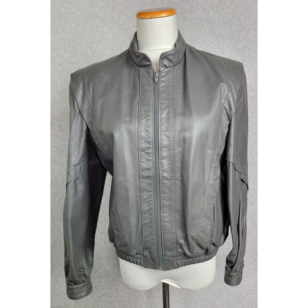 Berman's Vintage‎ Gray Leather Bomber Jacket Faux Fur Lined Size 12 Korea